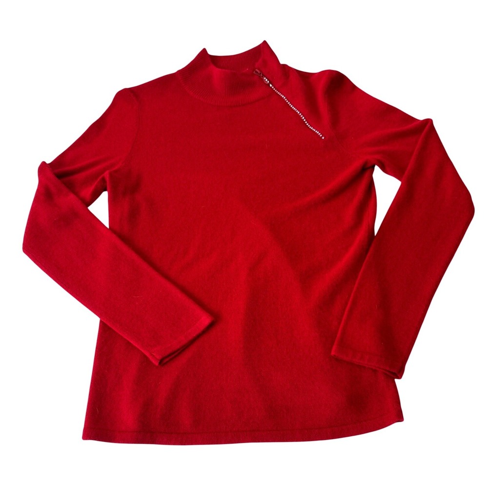 Luxe 360 Designers Originals Womens Small Red Mock Neck Rhinestone Zip Sweater